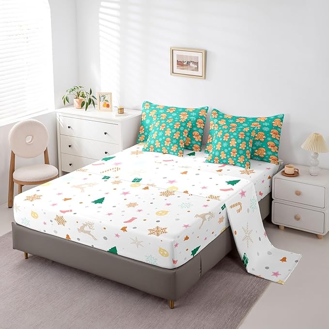 Erosebridal Christmas Gingerbread King Bedding Set 7 Piece,Cute Gingerbread Man Bed in A Bag for Kids,Xmas Snowflake Comforter Set Kawaii Christmas Sheet Set with Comforter,Green Christmas Decoration