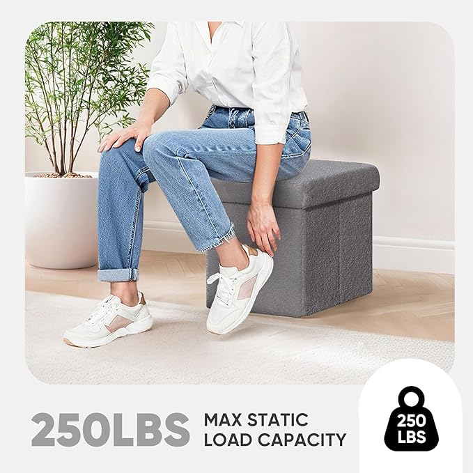 PINPLUS Storage Ottoman Cube Square Shaped Ottomans with Storage Foot Stool Footrest for Lving Room Boucle Ottoman Seat for Dorm Room,Faux Teddy Fur Grey,12.6"x12.6"x12.6"