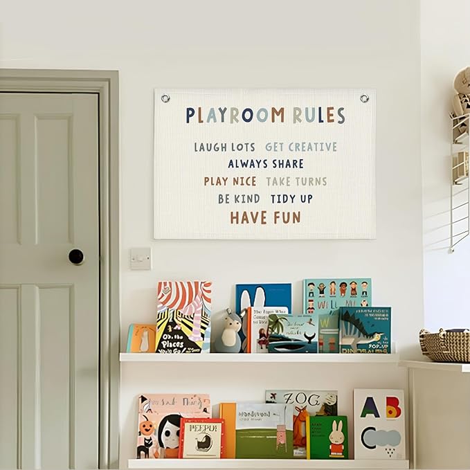 Lacama Play Room Wall Decor Rules Linen Banner, Kids PlayRoom Decor for Kids Nursery Home School, Nursery Wall Decor Toddler Boys, 30x20