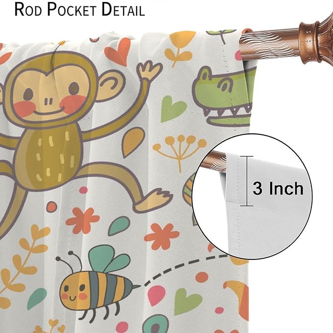 Cute Monkeys Curtains, Zoo Theme Cartoon Funny Animals Crocodile Giraffe Turtle with Flowers Print Thermal Insulation Window Drapes for Kids Boys Girls Baby Bedroom Living Room 63x63in