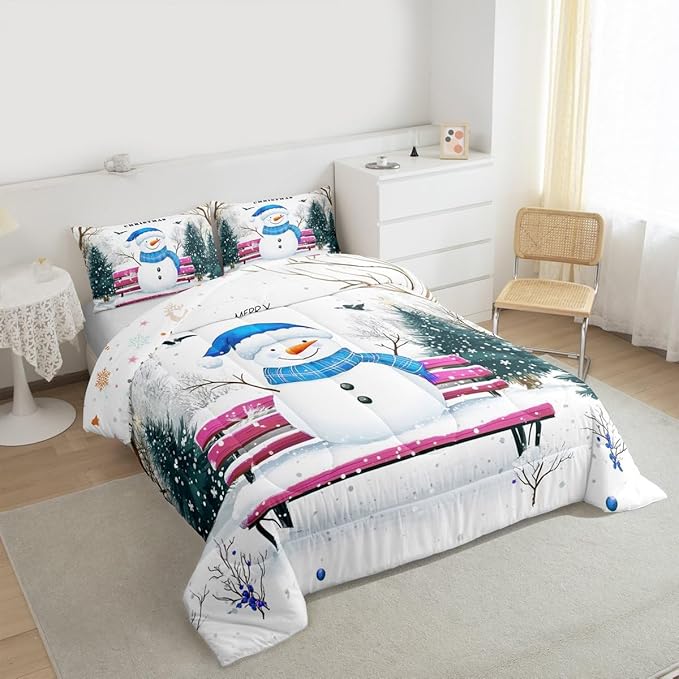 Feelyou Merry Christmas Bedding Set Soft for Boys Girls, Cute Snowman Comforter Set Twin Size Snowflake Duvet Quilt Microfiber Christmas Tree Bedroom Decor 2 Pcs with 1 Pillow Cases