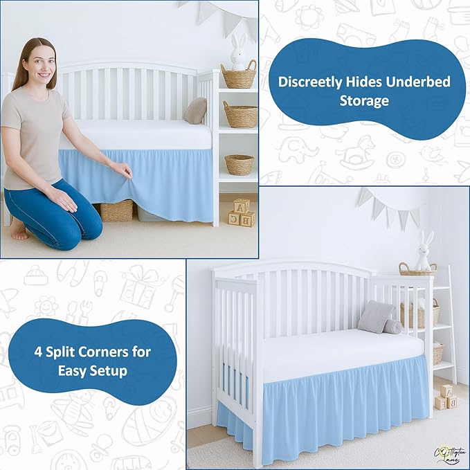 Cottington Lane Light Blue Infrant Crib Bed Skirt Dust Ruffle with Split Corner, 100% Natural Cotton Nursery Crib Toddler Bedding Skirt for Baby Girls or Boy, Fits Standard Cribs 28"x52" with 14" Drop