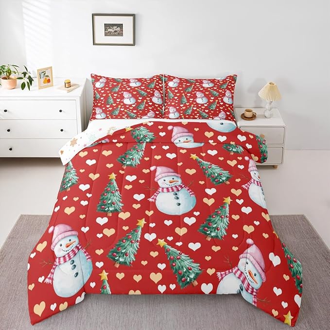 Feelyou Merry Christmas Comforter Set Full Size Cute Snowman Bedding Set for Kids Boys Girls Christmas Tree Duvet Quilt Love Hearts Microfiber 3 Pcs with 2 Pillow Cases