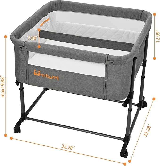 MTWML Twin Bassinet for 2 Babies,Portable Twins Crib with Storage Bag and Replaceable Mattress Cover,Adjustable Height Double Bedside Crib Attaches to Bed with Strap for 0-6 Months (Deep Grey)