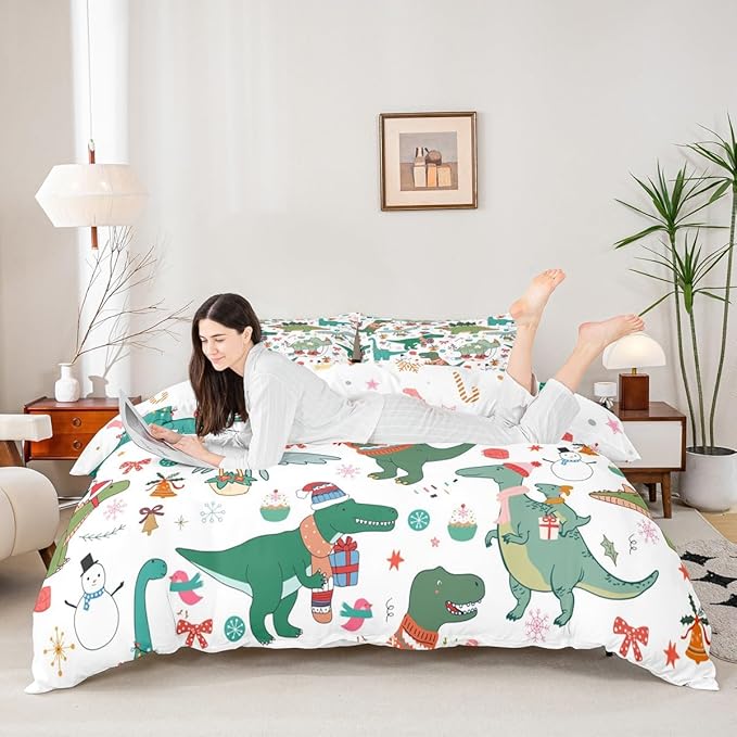 Feelyou Christmas Dinosaur Decorative Comforter Cover Toddler Size Cartoon Snowman Duvet Cover Xmas Bow Snowflake Bedding Set Gifts for Kids Boys Girls 1 Pillow Case