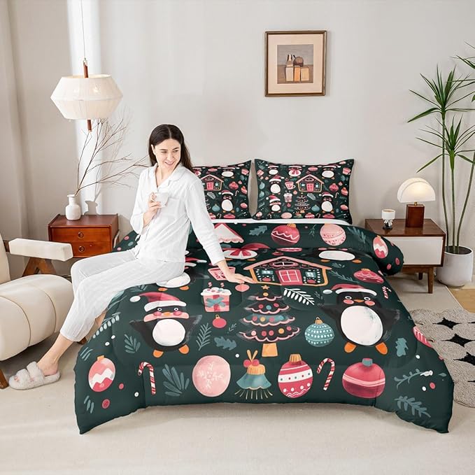 Feelyou Christmas Kids Comforter Set Toddler Size Xmas Tree Ball Bedding Set Penguin Duvet Quilt for Kids Boys Girls Bedroom Gingerbread Houses Decor Microfiber Ultra Soft Breathable