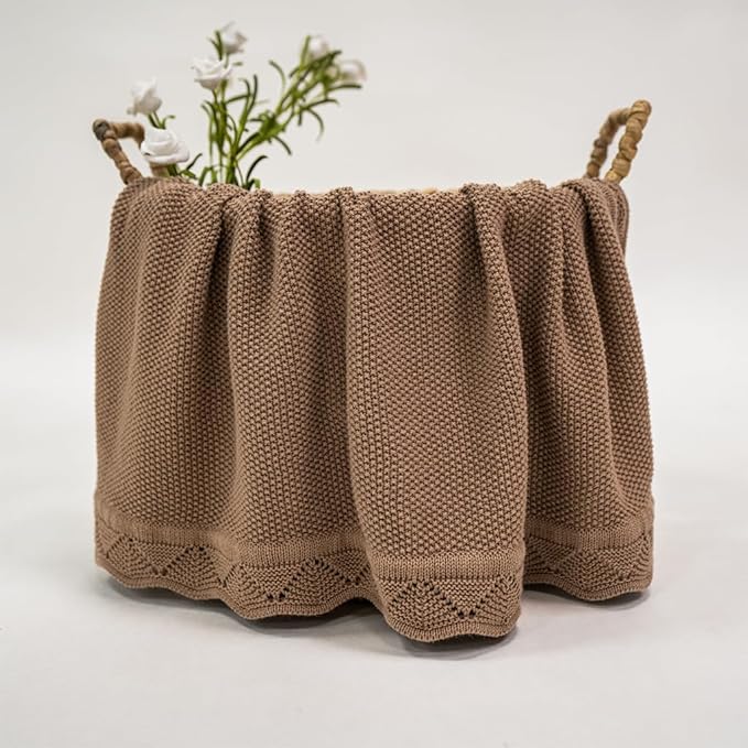 Baby Knit Blanket Soft Breathable Cotton Scallop Border Blankets Newborn Knitted Blanket Swaddle Blankets Gifts for Baby Newborn Toddler Shower Boy Girl New Mom Birthday Christmas Mocha 28x36