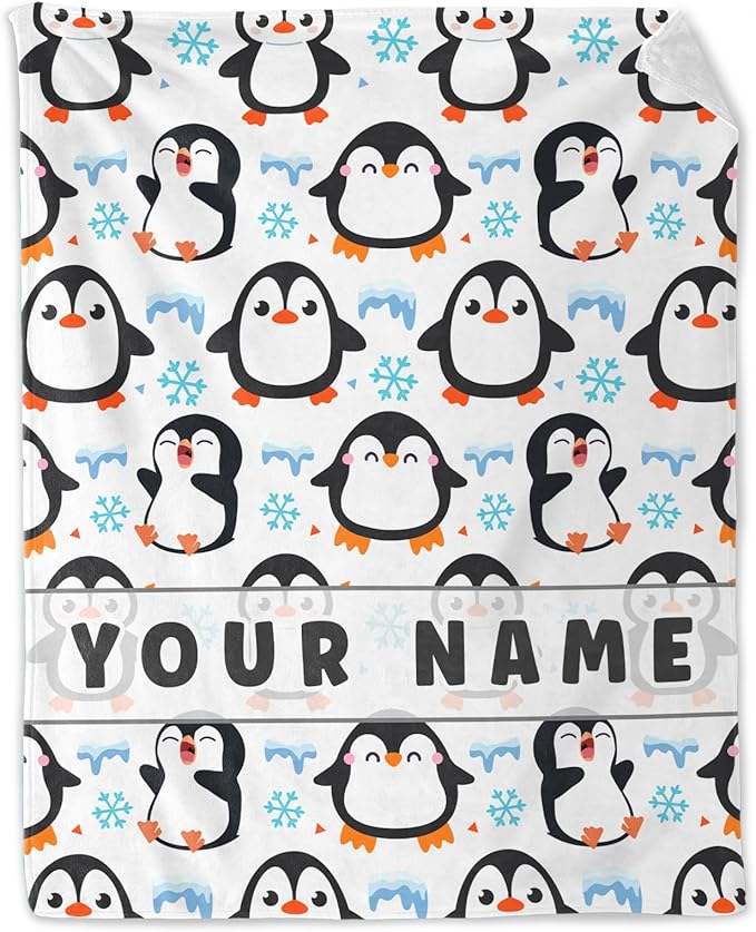 Personalized Penguin Blanket Gifts for Girls Women - 50" x 60" Inches Penguin Throw Blanket - White Soft Warm Throws for Couch, Bed & Travel