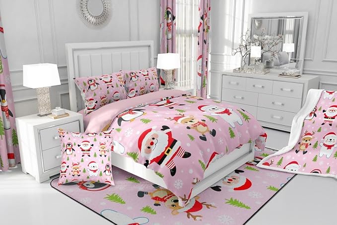 Feelyou Pink Christmas Bedding Set Soft for Boys Girls, Santa Claus Comforter Set Toddler Size Penguin Deer Duvet Quilt Microfiber Xmas Snowflake Tree Bedroom Decor 2 Pcs with 1 Pillow Cases