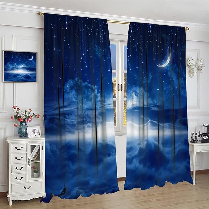 Star Night Sky Blackout Curtains, Moon Foggy Clouds Landscape Theme Print Window Drapes for Kids Girls Bedroom Living Room 84" W X 84" L