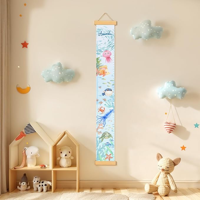 Personalized Name Growth Chart Wall Decor for Kids – Canvas Removable Height Chart Measuring Ruler 59" x 7.9" (Paint Marine Animals)