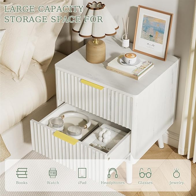 LYNSOM Fluted Dresser and Nightstand Sets 2 Piece, 2-Drawer Nightstands and 6-Drawers Dresser, Wood Bedroom Furniture Set for Home, Bedroom, Hallway, White