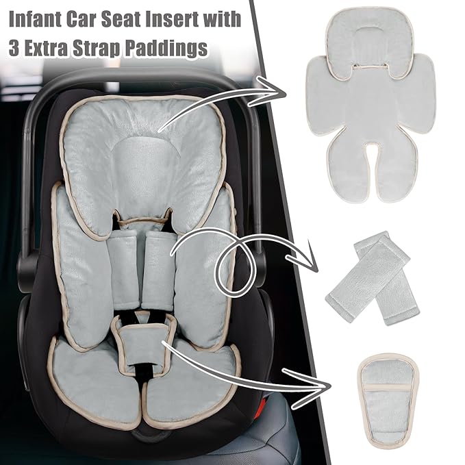 2 in 1 Infant Car Seat Insert Head and Body Support Set, Reversible Newborn Insert for Carseat with 3 Extra Strap Paddings, Soft Stroller Cushion Pillow Insert Girls, Fits for Stroller, Swing, Grey