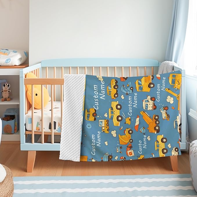 Custom Baby Blanket - Cartoon Cars Design Personalized Name Blanket, Soft Flannel Dot Infant Toddler Blanket for Boys, Customizable Nursery Bedding (47" x60)