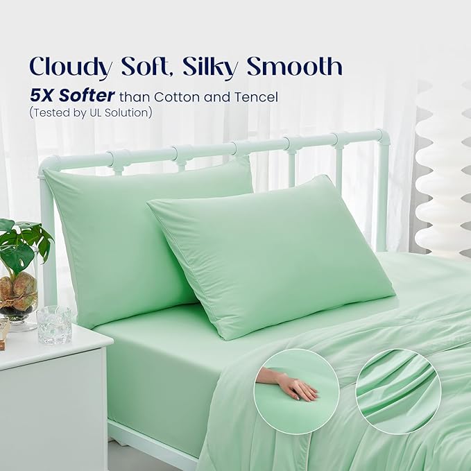 Dream Valley® Queen Sheet Set, Cooling Fitted Sheet with 2 Pillowcase-3 PCS with No Flat Sheet,Q-Max > 0.4 Aerocool, Cooling for Night Sweats, Hot Sleepers,deep Pocket up to 15",Mint Macaron