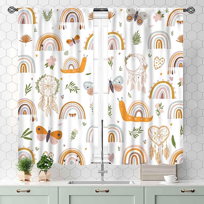 Boho Rainbow Curtains for Girls Bedroom, Bohemian Cute Lovely Butterfly Floral Rainbow Print Pastel Baby Kids Girls Bedroom Living Room Nursery Playroom Classroom Curtains for Windows, 55x39 Inch