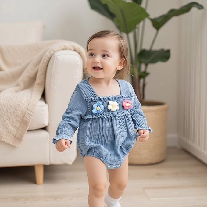 Gaono Newborn Baby Girl Smocked Bubble Romper Cute Boho Summer Clothes Ruffle Sleeveless Crochet Flower Vintage Bodysuit