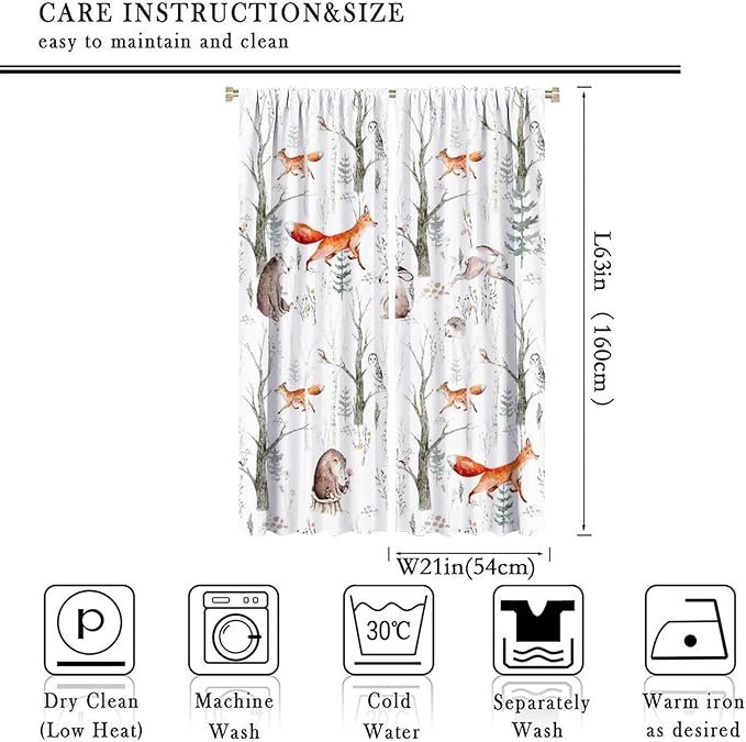 Rustic Forest Window Curtains, Watercolor Woodland Animals Owl Hedgehog Fox Butterfly Forest Squirrel and Bear Blackout Windows Door Curtain for Bedroom Living Room Home Decor 42x63in