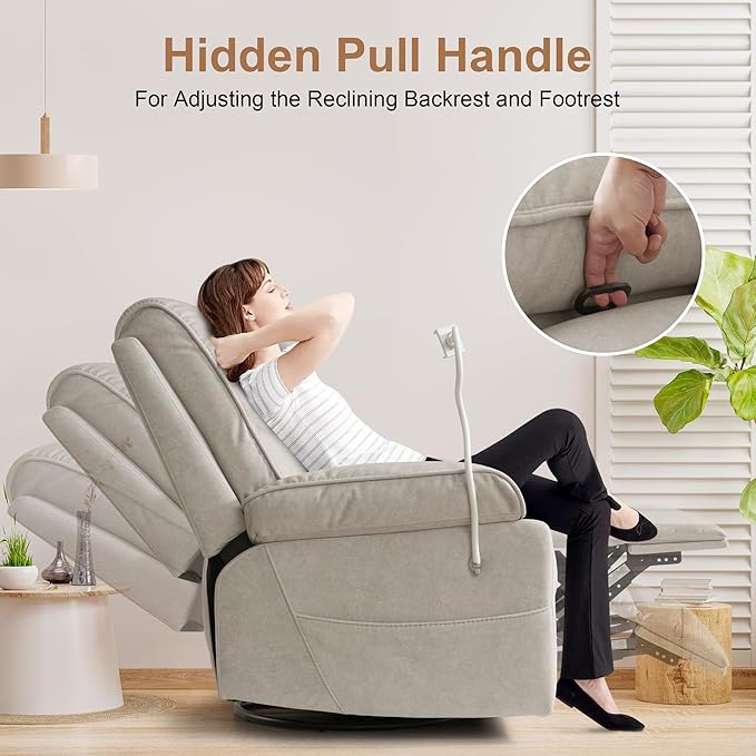 Nursing Rocking Chair for Breastfeeding, Swivel Rocker Nursery Glider Recliner with Adjustable and Removable Phone Holder for Living Room,Nursery Room, Baby Essentials,Beige