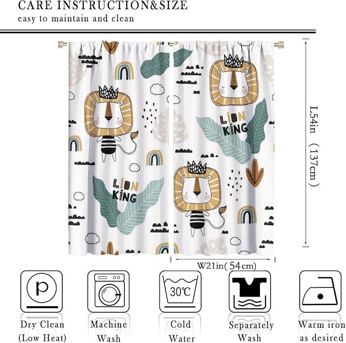 Cartoon Little Lion King Window Curtains for Baby Child,Cute Funny Forest Animals,Tropical Jungle Leaves Wildlife Boho Rainbow Print Blackout Drapes for Nursery Boys Girls Kids Bedroom 42x54 Inch