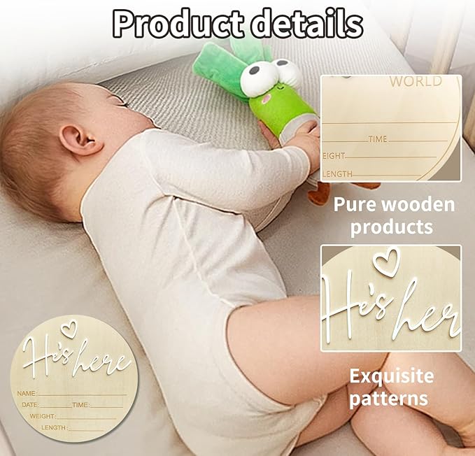 Baby Announcement Sign, 5.9 Inch Wooden Hello World Newborn Signs, Birth Announcement Sign, Gender Reveal Signs, He's here Decoration, Welcome Newborn Arrival To World, Hospital Nursery for Baby (White He's)