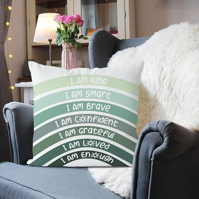 QIYUHOY Boho Sage Eucalyptus Green Rainbow Classroom Throw Pillow Covers, Olive Green Pillow Cover, Book Center Calming Corner Playroom Decor Pillow Case,I Am Kind Smart Brave Confidence,24x24Inch