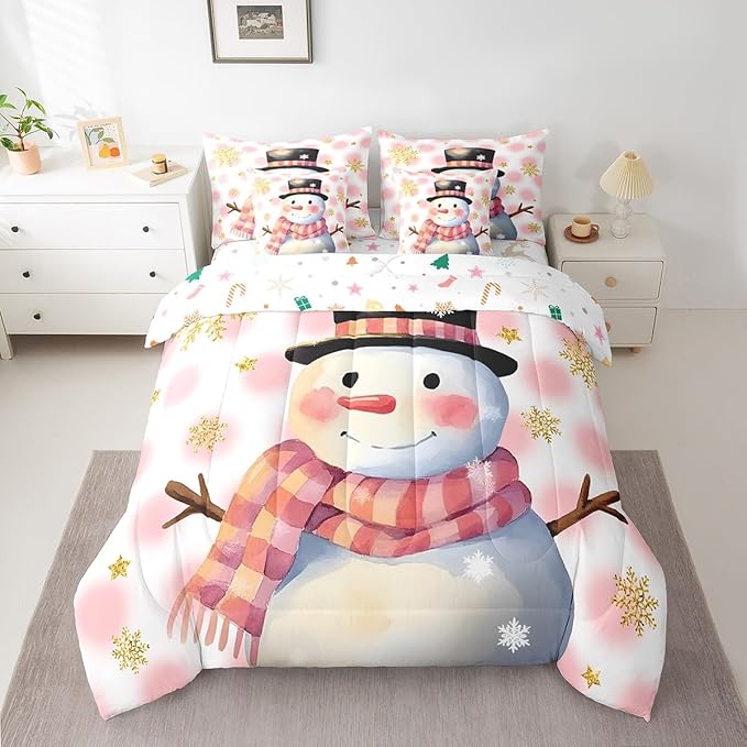 Feelyou Kids Merry Christmas Decorations Queen Size Bed Set Xmas Snowman Bed in a Bag Pink Bedding Set Soft Warm Lightweight Comforter Set with Sheets