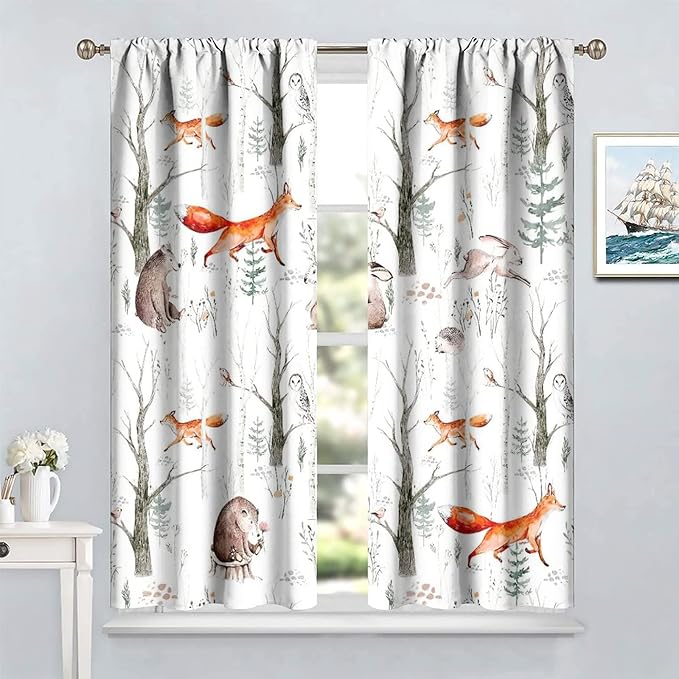 Rustic Forest Window Curtains, Watercolor Woodland Animals Owl Hedgehog Fox Butterfly Forest Squirrel and Bear Blackout Windows Door Curtain for Bedroom Living Room Home Decor 84x84in