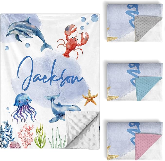 Personalized Baby Crib Bedding Set, 5 Pcs Custom Name Nursery Bedding Set for Girls Boys, Ocean Animals Baby Crib Set for Toddlers Infants, Double Layer Bedding Crib Sets Customized Gifts