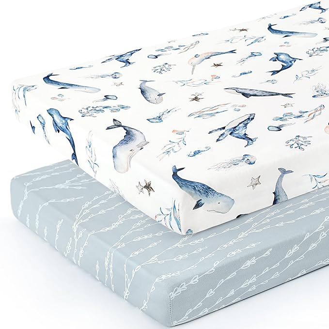 Stretchy Ultra Soft Jersey Knit Fitted Pack n Play Sheets Set 2 Pack, Portable/Mini Crib Sheets for Girls, Universal Fit for Pack N Plays Safe and Snug, Cute Sea Fish Print