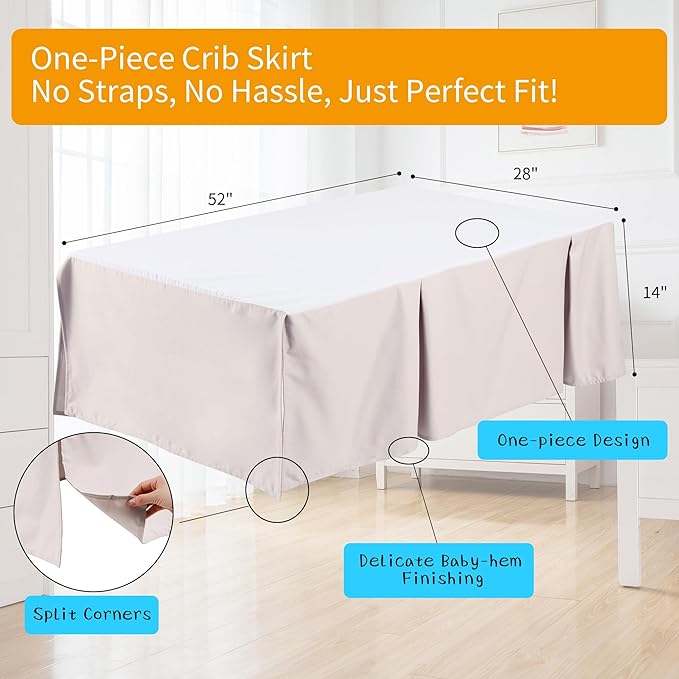 Crib Bed Skirt Dust Ruffle 100% Cotton - Natural, Soft, Breathable for Baby's Delicate Skin, Nursery Toddler Crib Bed Skirt for Baby Boys Girls, Fits Standard Cribs 28" x 52" with 14" Drop