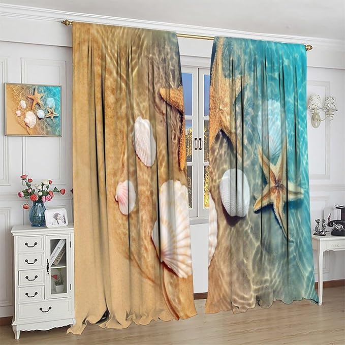 Beach Curtain for Bathroom Decor，Sea Turtle Starfish Seashell Nautical Ocean Coastal Scenery Art Printed Fabric Polyester Waterproof Set 2 Panels,55x63 Inches