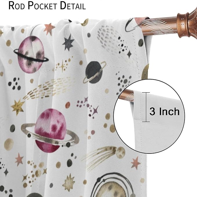 Kids Outer Space Curtains, Cartoon Galaxy Planet Universe Starry Starts Printed Window Drapes for Boys Girls Teens Bedroom Nursery 55" W X 63" L