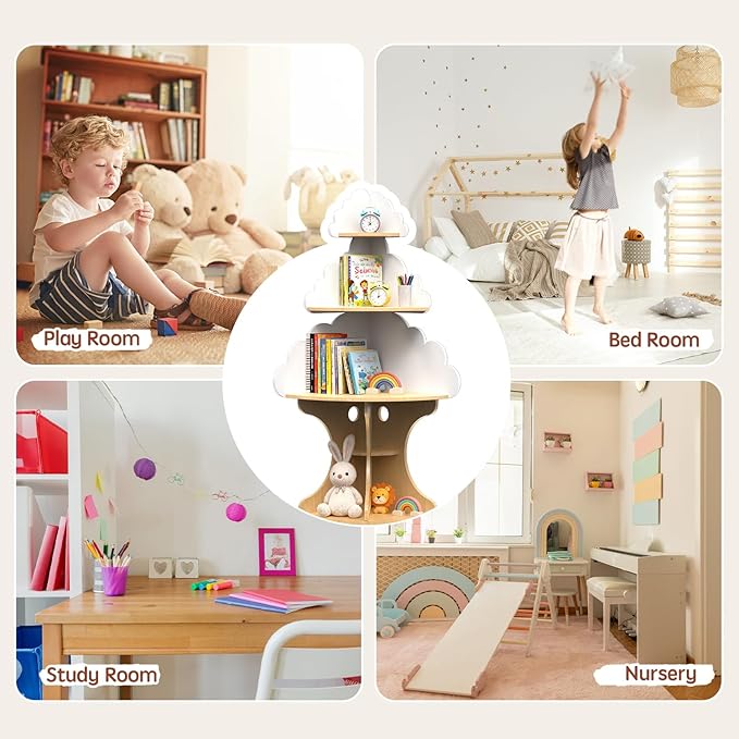 Bookshelf for Kids, Children Cloud-Bookshelf, Space-Saving Montessori Toddler Corner Bookcase for Nursery, Classroom, Kindergarten, Kids Rooms