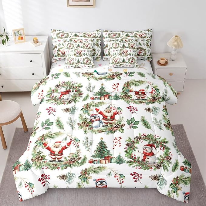 Erosebridal Christmas Santa Claus Bed in A Bag 7 Pcs Cute Penguin Snowman Comforter Set for Women Men Xmas Berry Tree Bedding Sets King Berry Branches Holiday Wreath Sheet Set with Comforter