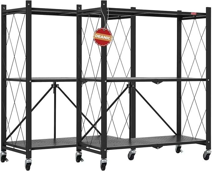 DEANIC 3 Tier Foldable Storage Shelves with Wheels, Kitchen Appliance Stand, Freestanding Metal Wire Shelf Rack, No Assembly Organizer Rolling Cart for Garage, Basement, Pantry(Black Pack of 2)