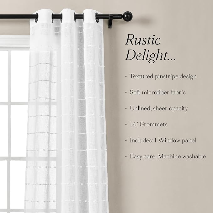 Lush Decor Farmhouse Textured Grommet Sheer Indoor/Outdoor Window Curtain Panel, 50"W x 84"L, Bleach White