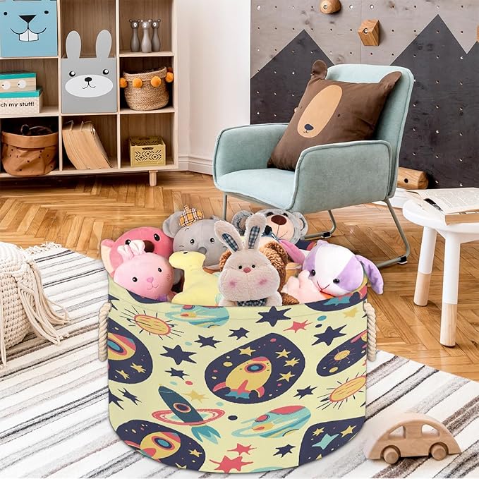 Colorful Space Pattern Round Storage Basket for Laundry & Toys, Lightweight Fabric Laundry Hamper with Handles, Foldable Large Organizer Bin for Bedroom Bathroom Nursery Dorm