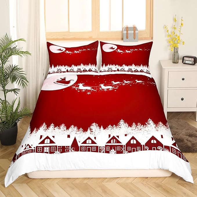 Manfei New Year Red Duvet Cover Set Queen Size Reindeer and Full Moon Print Comforter Cover Christmas Day Bedding Set 3pcs for Kids Boys Girls Winter Theme Quilt Cover with 2 Pillowcases,No Comforter
