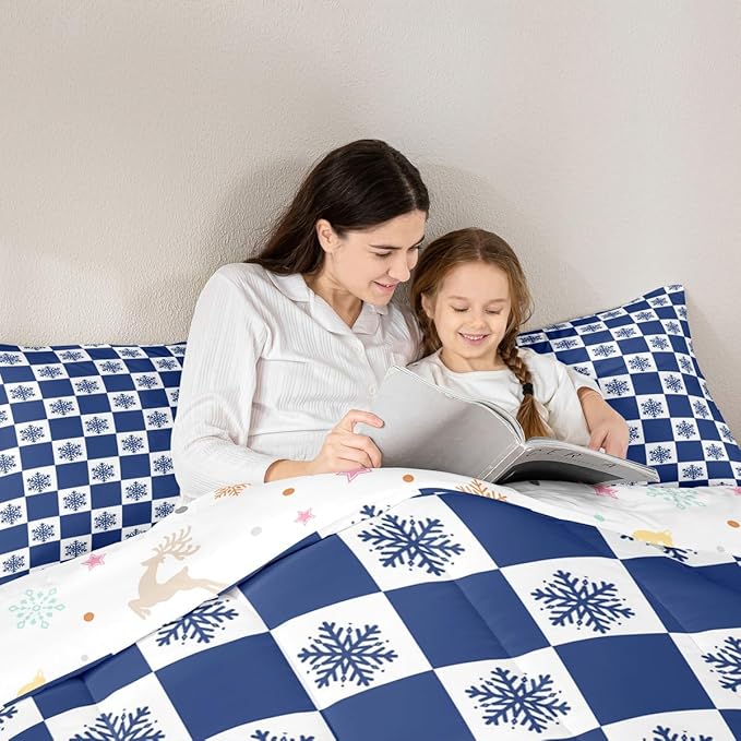 Feelyou Christmas Bedding Set Soft for Boys Girls, Checkered Comforter Set King Size Snowflake Duvet Quilt Microfiber Xmas Decorations Bedroom Decor Blue 3 Pcs with 2 Pillow Cases