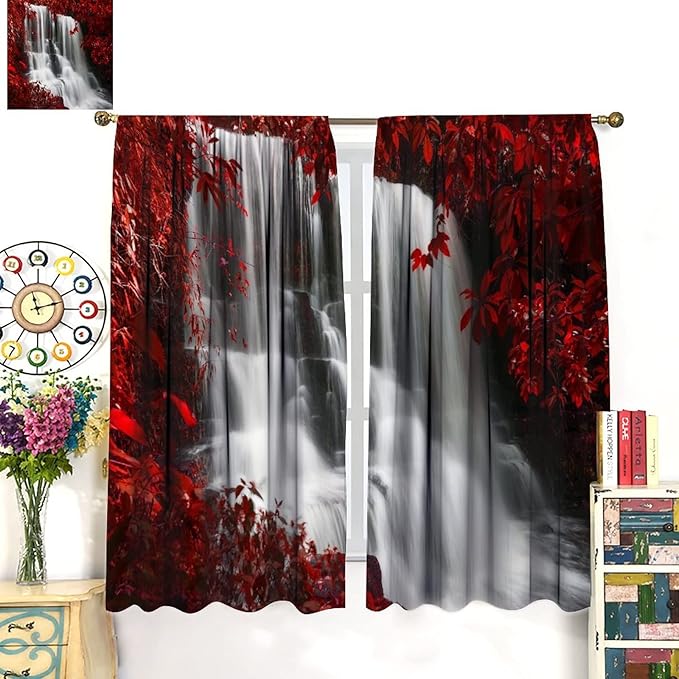 Red Forest Waterfall Blackout Windows Curtains, Waterfall Red Forest Black and Red Natural Landscape Print Window, for Living Room Bedroom 55x63in 2 Panels