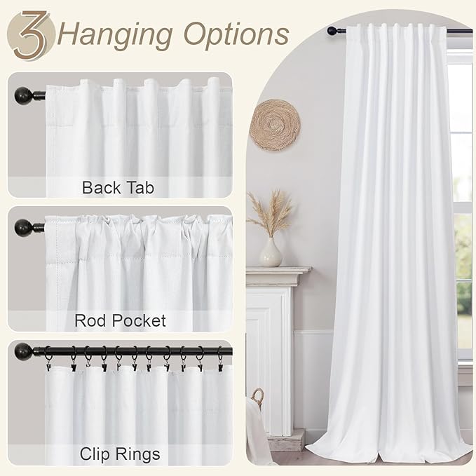 Black Out Curtains 72 Inch Long 6 ft Length 2 Panel Set Neutral Cute Blackout White Linen Look Living Room Darkening Window Drape for Bedroom Insulated Thermal Curtain for Winter Cold UV Cooling 52x72