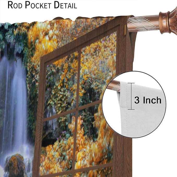 Waterfall Blackout Curtains, Waterfall Forest Landscape Wooden Window Print Pattern Window Drapes, for Bedroom Living Room 55" W X 63" L
