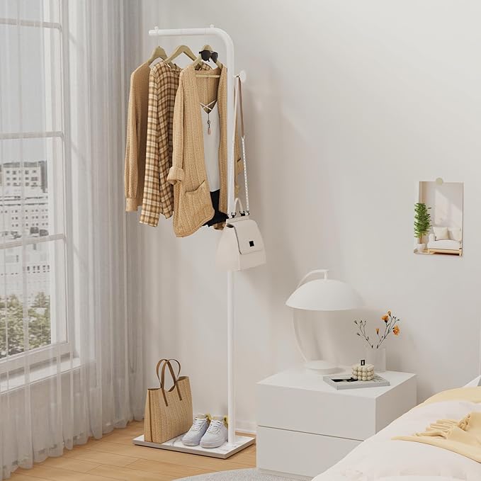 OUTBROS Metal Coat Rack, L-shaped Modern Hanger with Hooks, Freestanding Clothes Rack, Used in Bedroom, Entrance, 15.3 x 10.2 x 70.8 inch, White