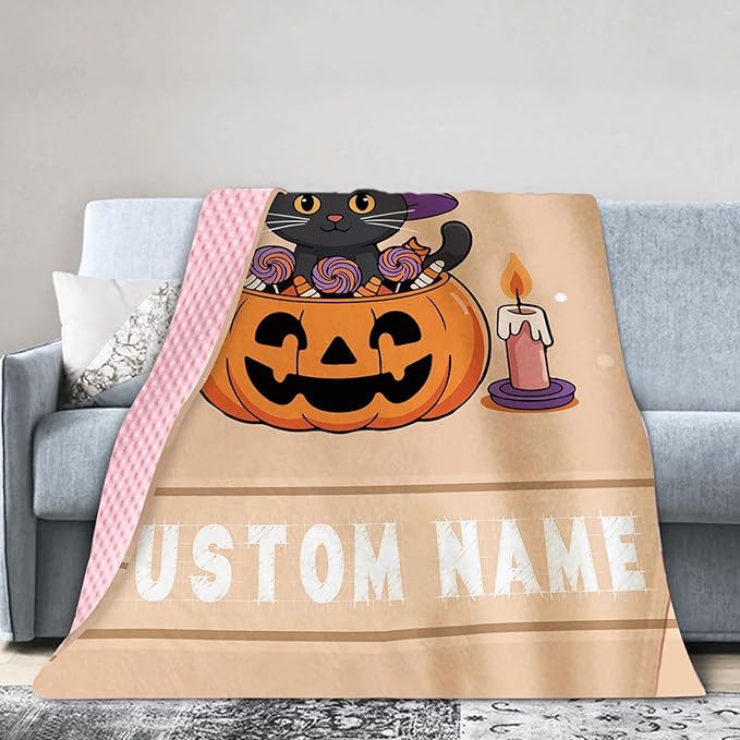Personalized Halloween Blanket for Girls, Custom Baby Blanket with Name, Cat Pumpkin Theme Soft Minky Dot Blanket, Halloween Decor Christmas Birthday Gifts for Kids Toddlers