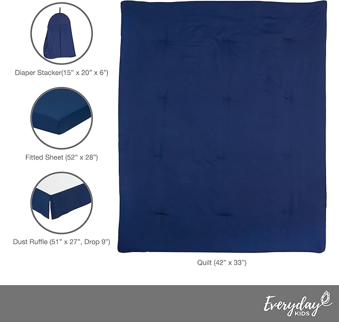 EVERYDAY KIDS 4 Pc Crib Bedding for Boys Nursery Set Includes Baby Bed Quilt, Fitted Sheet, Dust Ruffle and Diaper Stacker- Nursery Bedding Set - Baby Crib Bedding Set in Navy