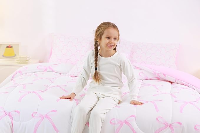 7 Pieces Cartoon Bowknot Kids Comforter Full,Pink Bow Tie Butterfly Knot Princess Bedding Set,Watercolor Bow Patchwork Pink White（Comforter+Fitted+Flat Sheet+2 Pillowcases+2 Throw Pillow Covers）