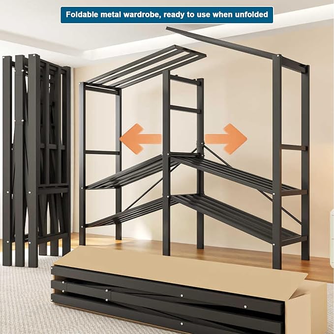 FPIGSHS Heavy Duty Clothes Rack with Cover Foldable Covered Clothes Rack for Hanging Clothes portable Wardrobe Closet System Freestanding Coat Storage Garment Racks for bedroom (black, 49.2in)