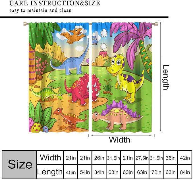 Cute Dinosaur Curtains, Colorful Cartoon Dino Pattern Blackout Window Treatments, Rod Pocket Thermal Insulated Drapes 2 Panel Sets for Kids Bedroom Nursery Classroom, 84" W X 84" L