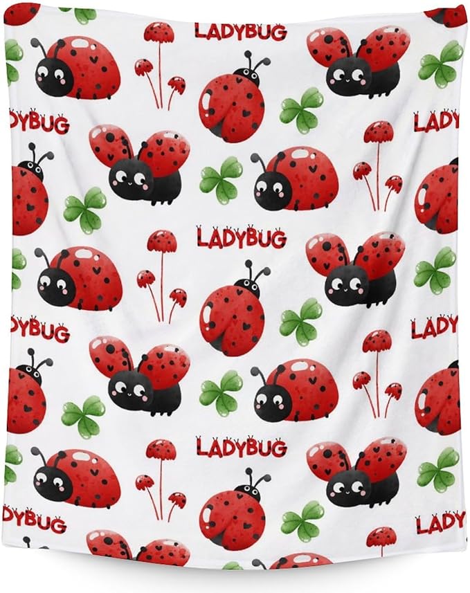 Ladybug Throw Blanket - 50 x 60 Inches Cute Girls Gifts for Lady Bug Lovers - White Fuzzy Soft Decor for Sofa, Trip